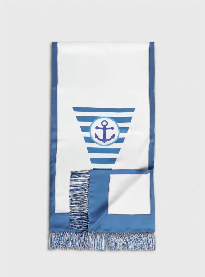 Men Paul Stuart Scarves Hats Gloves Anchor Printed Silk Scarf Blue