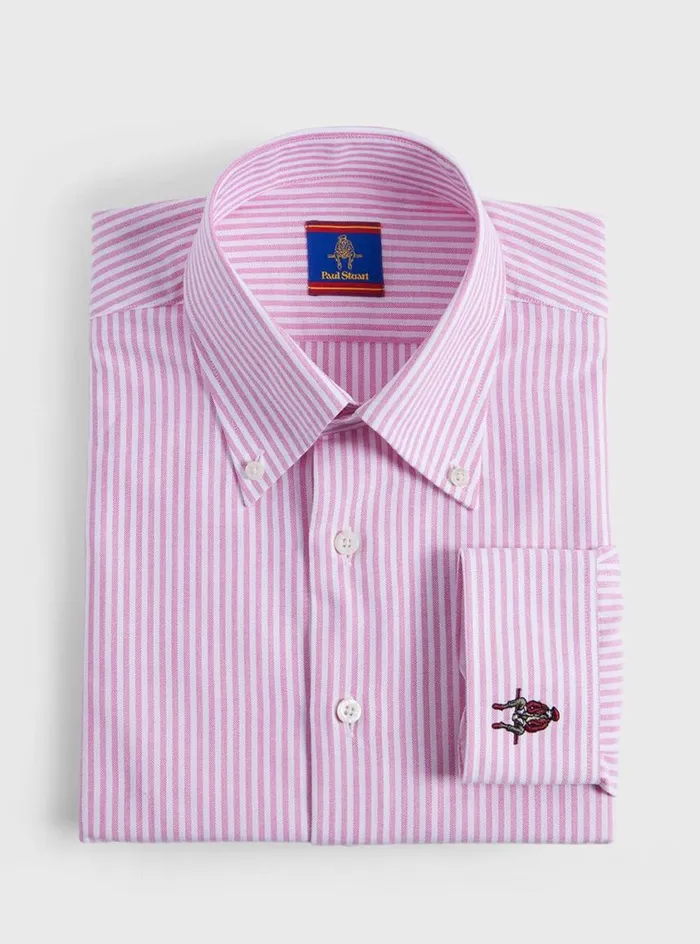Men Paul Stuart Sport Shirts Cotton Oxford Striped Sport Shirt Red