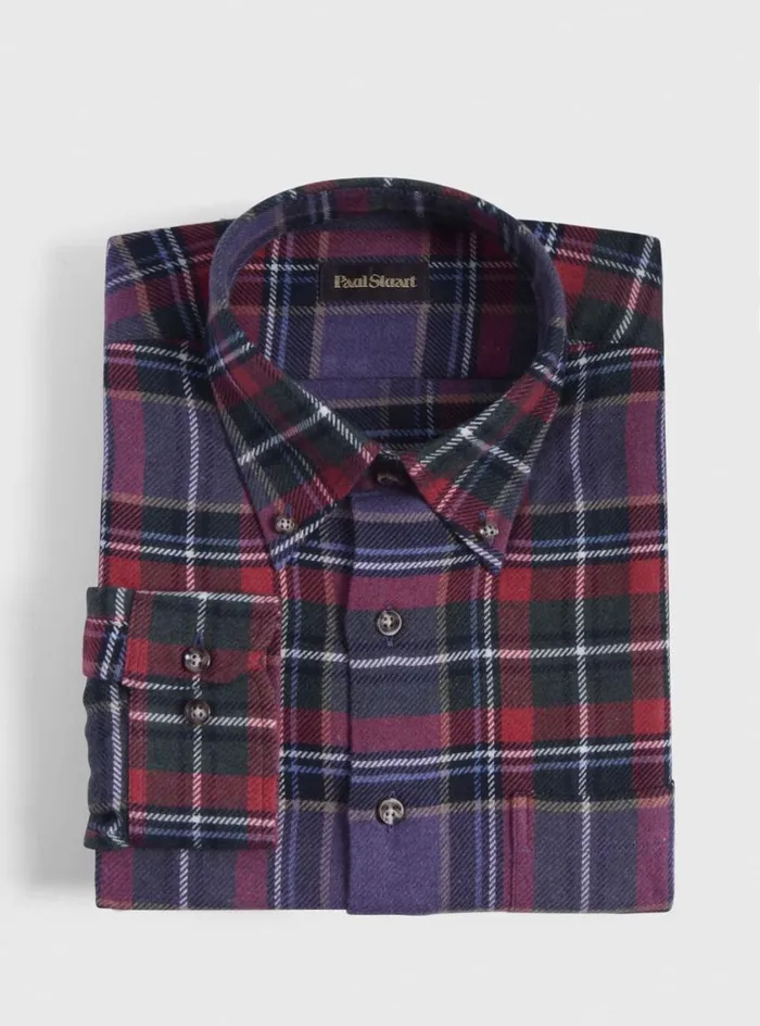 Men Paul Stuart Sport Shirts Flannel Plaid Sport Shirt Redpurple