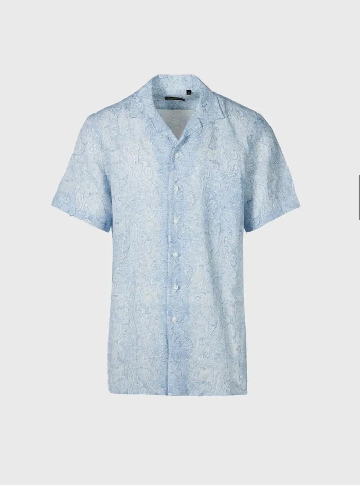 Men Paul Stuart Sport Shirts Linen Paisley Print Camp Shirt Light Blue