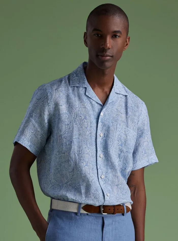 Men Paul Stuart Sport Shirts Linen Paisley Print Camp Shirt Light Blue