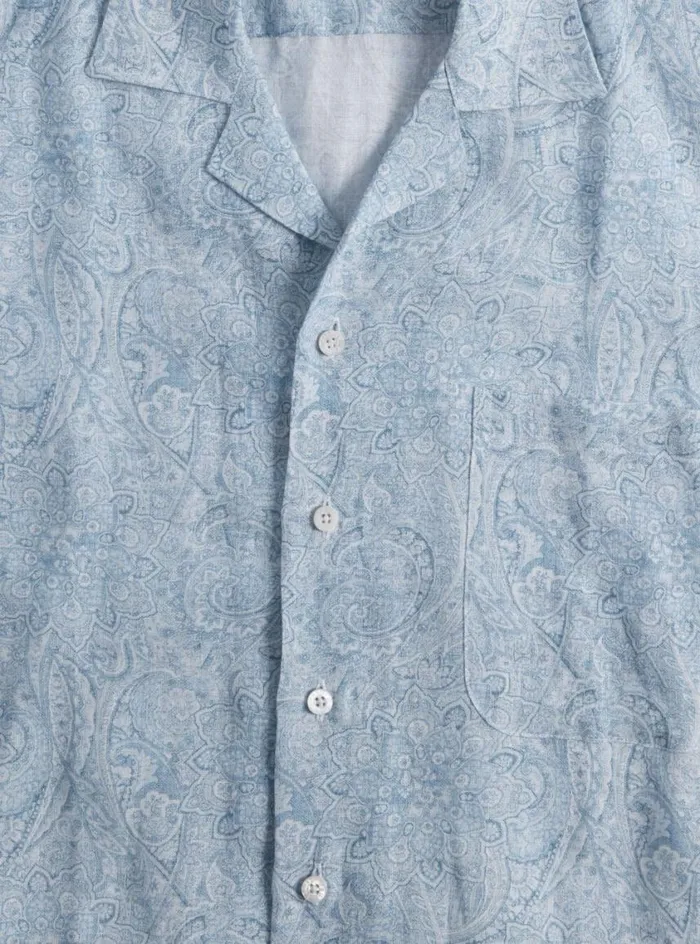 Men Paul Stuart Sport Shirts Linen Paisley Print Camp Shirt Light Blue