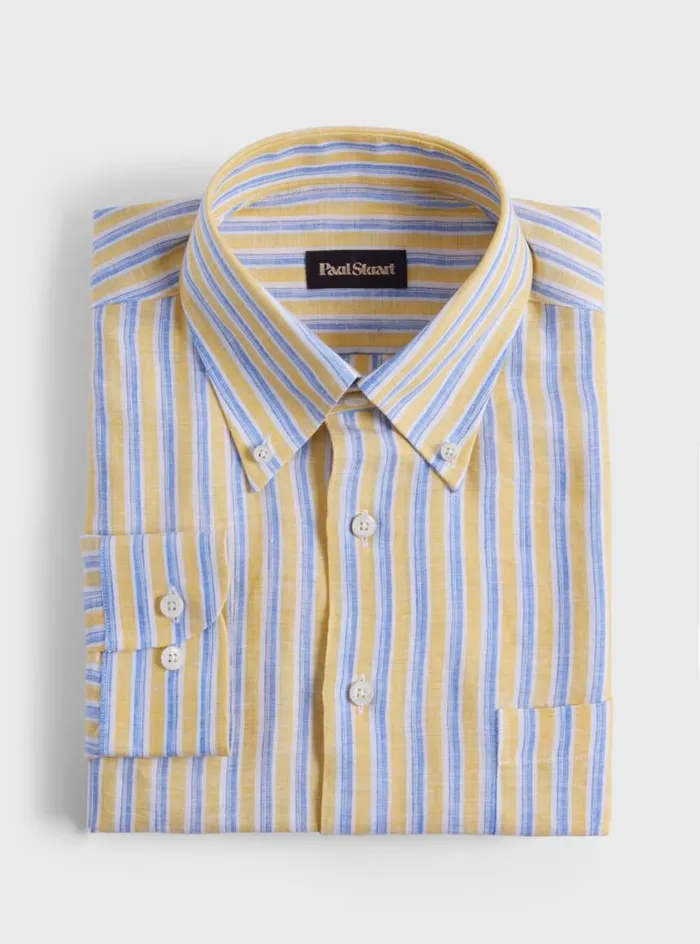Men Paul Stuart Sport Shirts Linen Shadow Stripe Sport Shirt Yellowblue