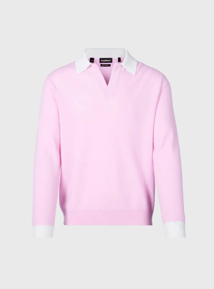 Men Paul Stuart Sweaters Cashmere Open Collar Polo Light Pink