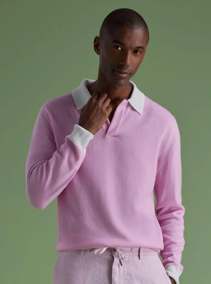 Men Paul Stuart Sweaters Cashmere Open Collar Polo Light Pink