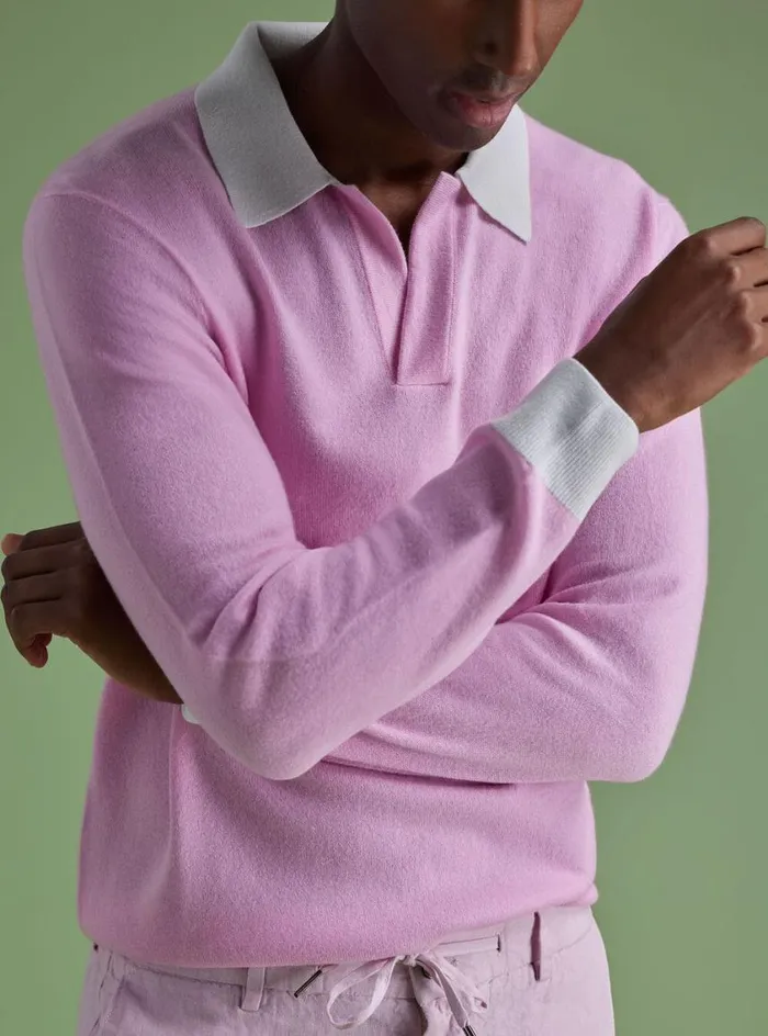 Men Paul Stuart Sweaters Cashmere Open Collar Polo Light Pink