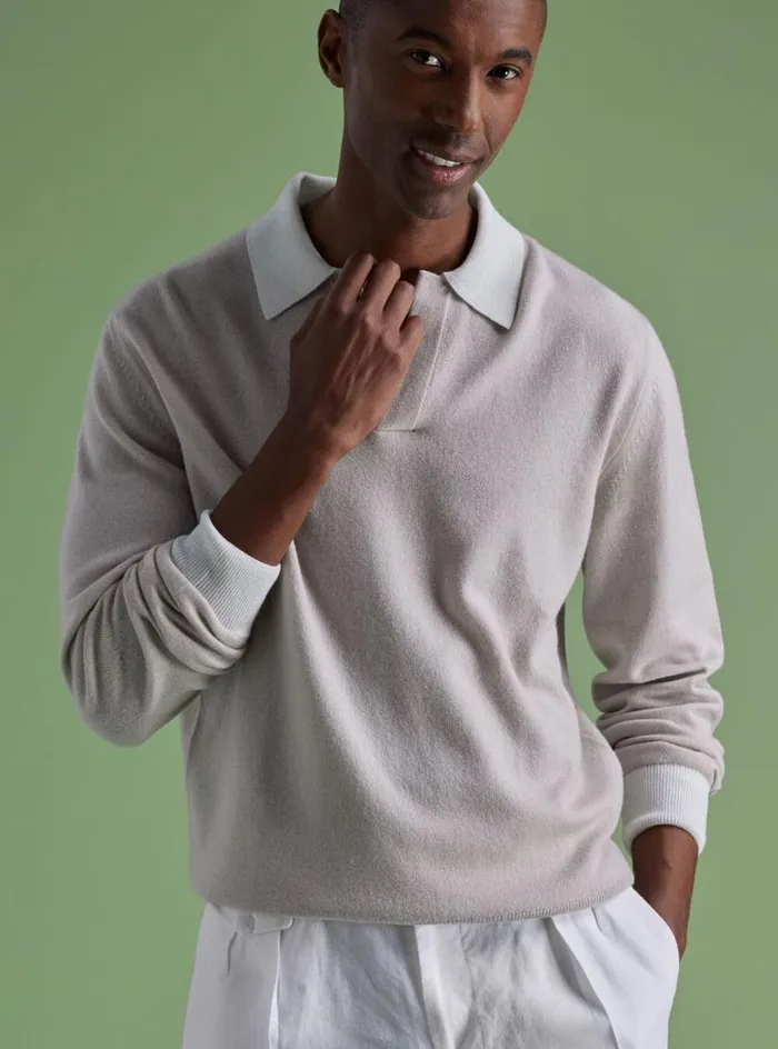 Men Paul Stuart Sweaters Cashmere Open Collar Polo Natural