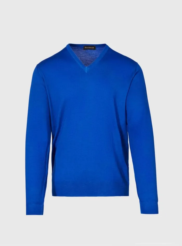 Men Paul Stuart Sweaters Merino Wool Watercolor VNeck Sweater Bright Blue