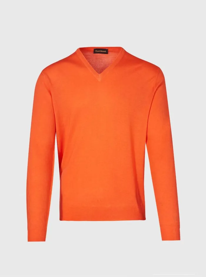 Men Paul Stuart Sweaters Merino Wool Watercolor VNeck Sweater Orange