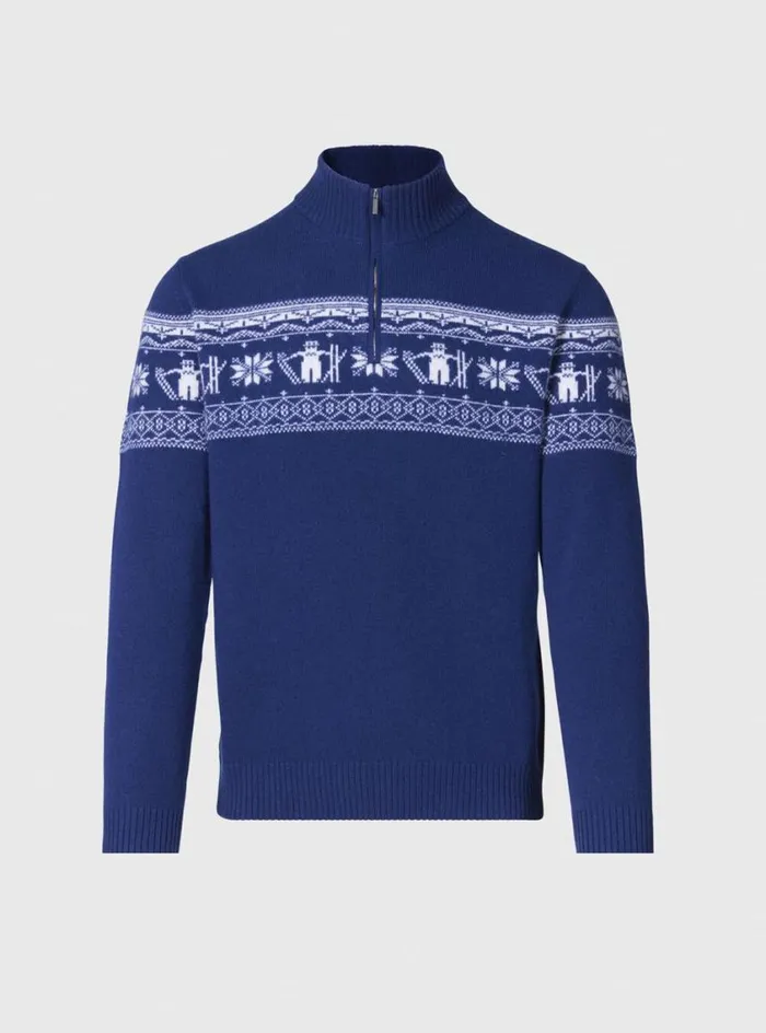 Men Paul Stuart Sweaters Ski Motif Quarter Zip Sweater Navy