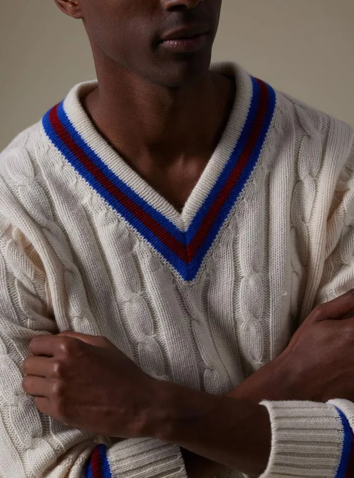 Men Paul Stuart Sweaters Striped VNeck Tennis Sweater White