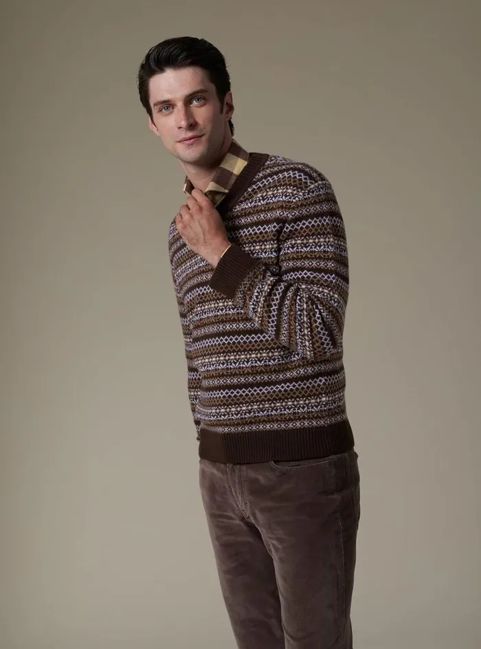 Men Paul Stuart Sweaters Wool and Cashmere Fair Isle VNeck Sweater Dark Brown