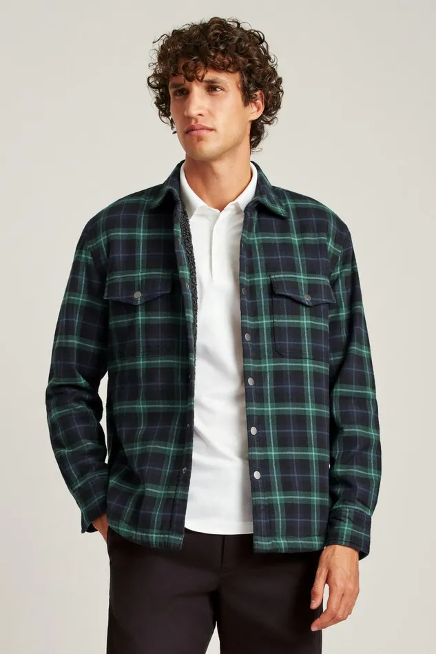 Men Sherpa Shacket Black And Blues Plaid Bonobos Casual Shirts