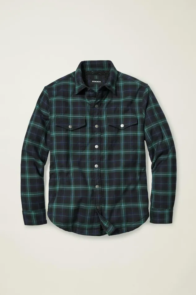 Men Sherpa Shacket Black And Blues Plaid Bonobos Casual Shirts