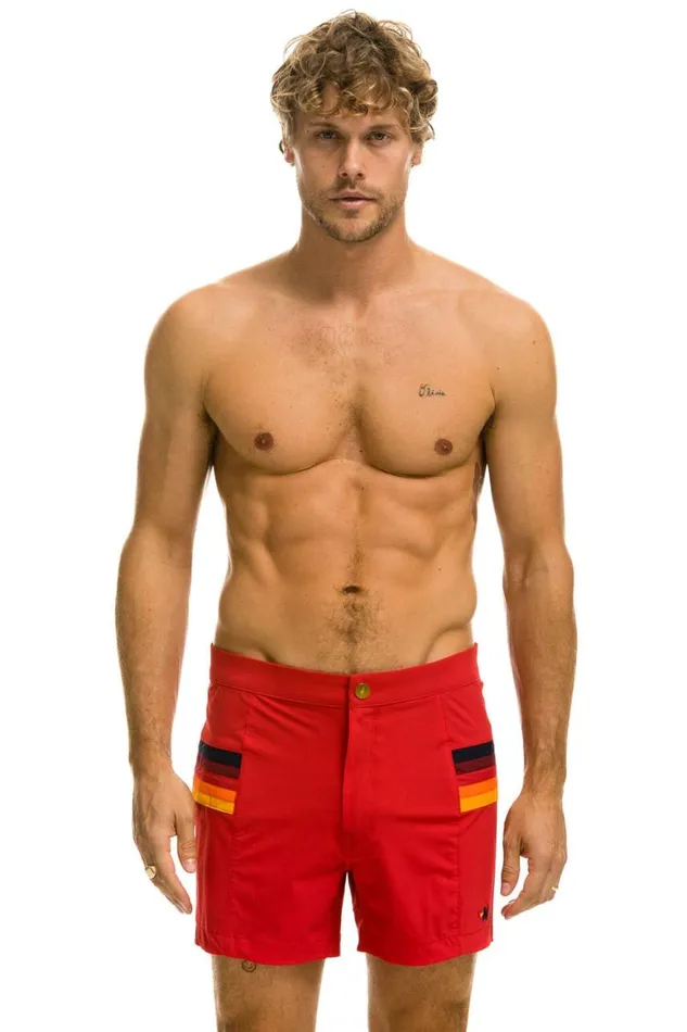 Men Shorts Aviator Nation Horizontal 5 Stripe Flex Shorts 8211 Red