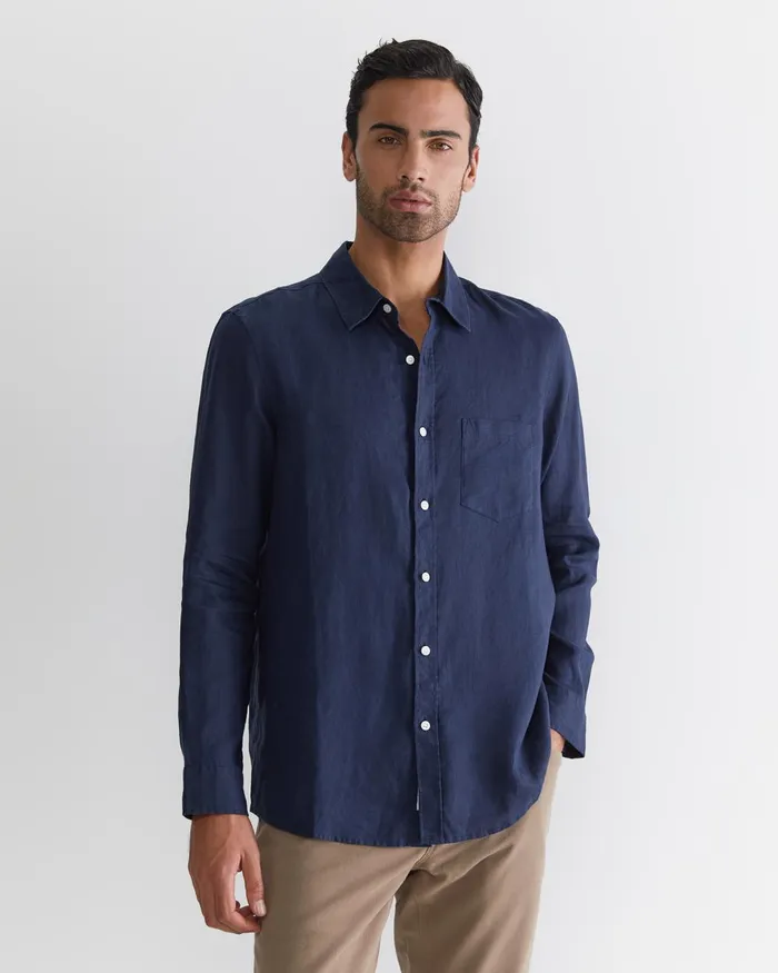 Men Sportscraft Shirts Long Sleeve Linen Shirt Navy