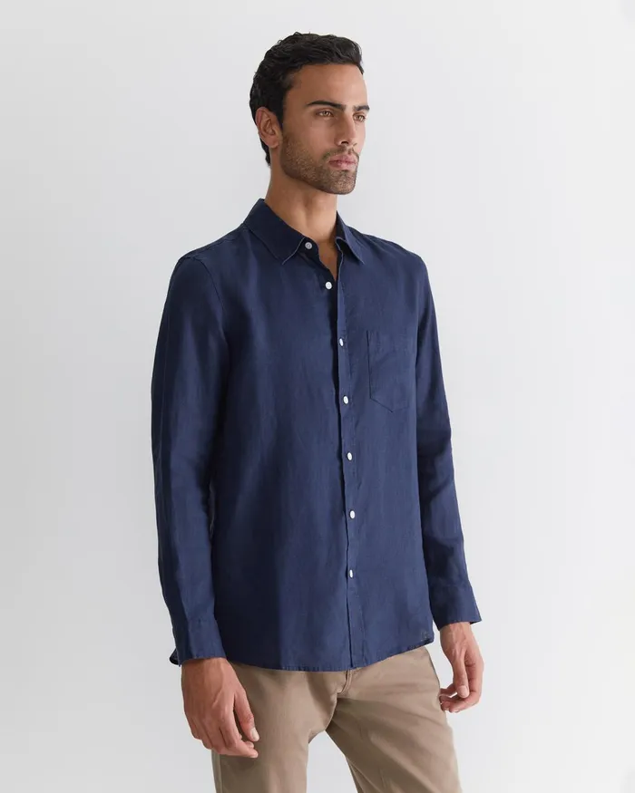 Men Sportscraft Shirts Long Sleeve Linen Shirt Navy