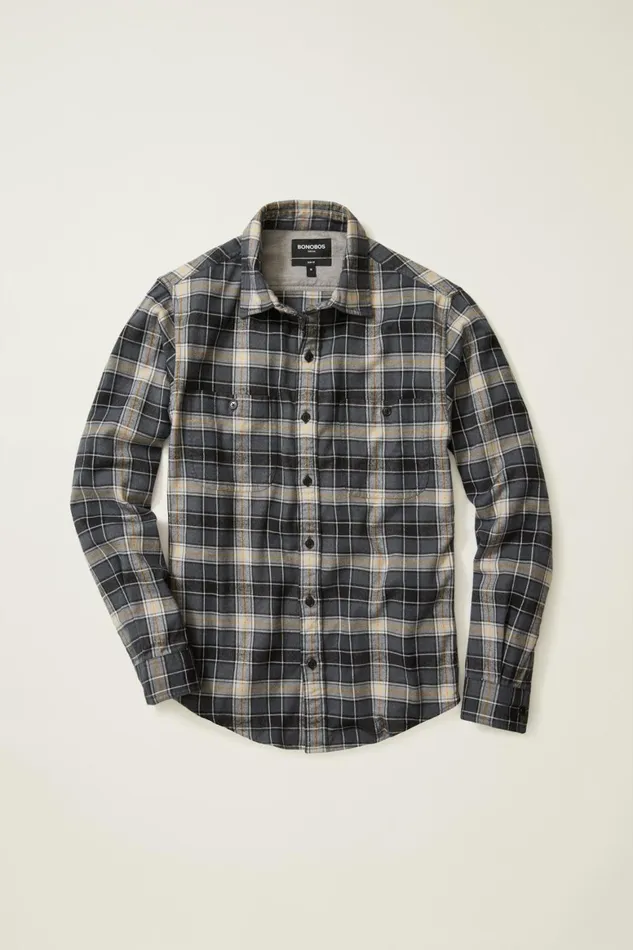 Men Stretch Flannel Shirt Grey Heather Plaid Bonobos Casual Shirts