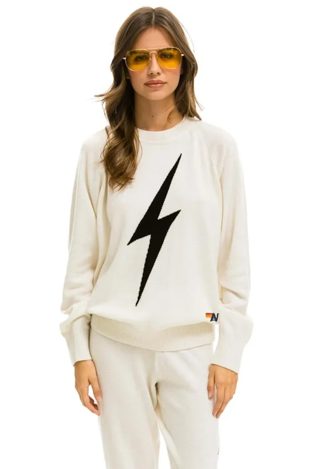 Men Sweatshirts Aviator Nation Unisex Bolt Cashmere Light Sweater 8211 Vintage White Black Bolt