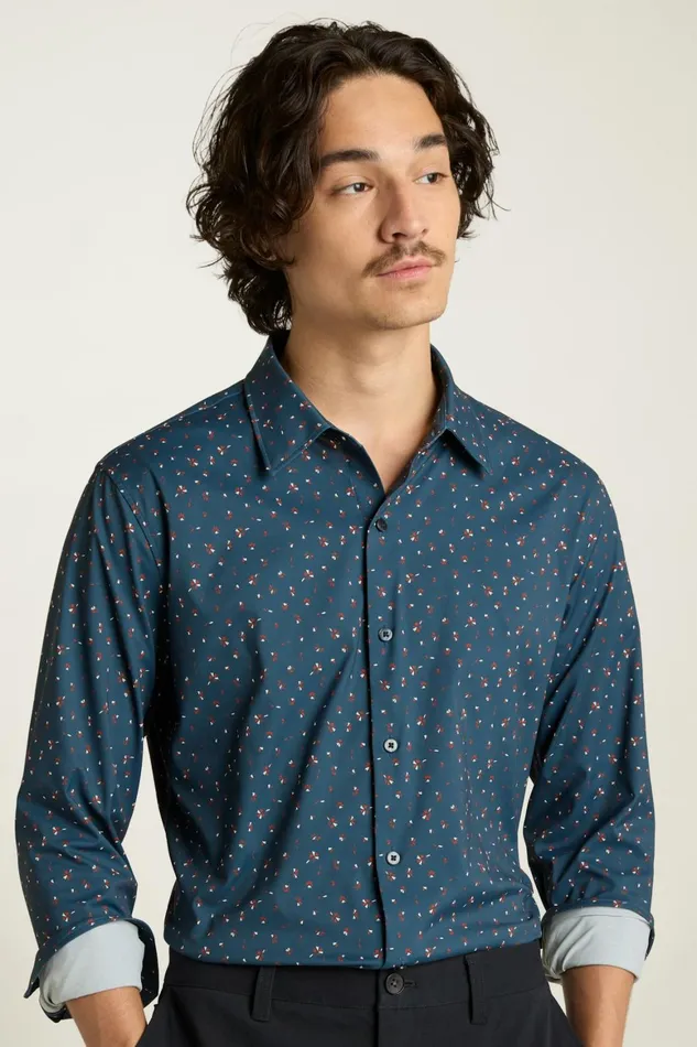 Men Tech Button Down Shirt Blue Sea Floral Bonobos Casual Shirts