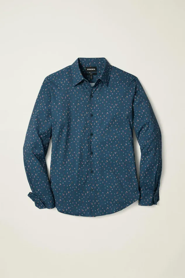 Men Tech Button Down Shirt Blue Sea Floral Bonobos Casual Shirts