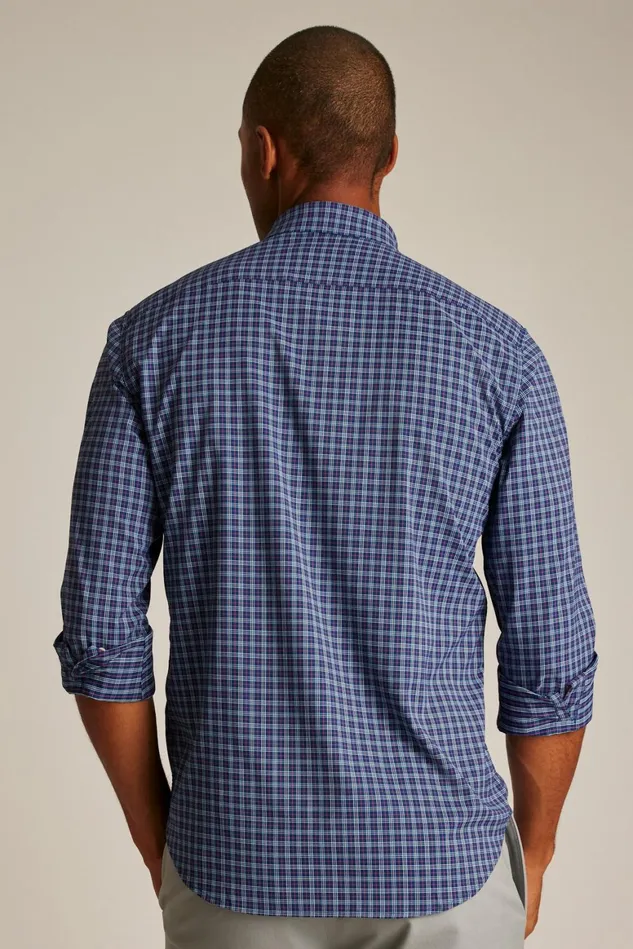Men Tech Button Down Shirt Navy Greenland Plaid Bonobos Casual Shirts