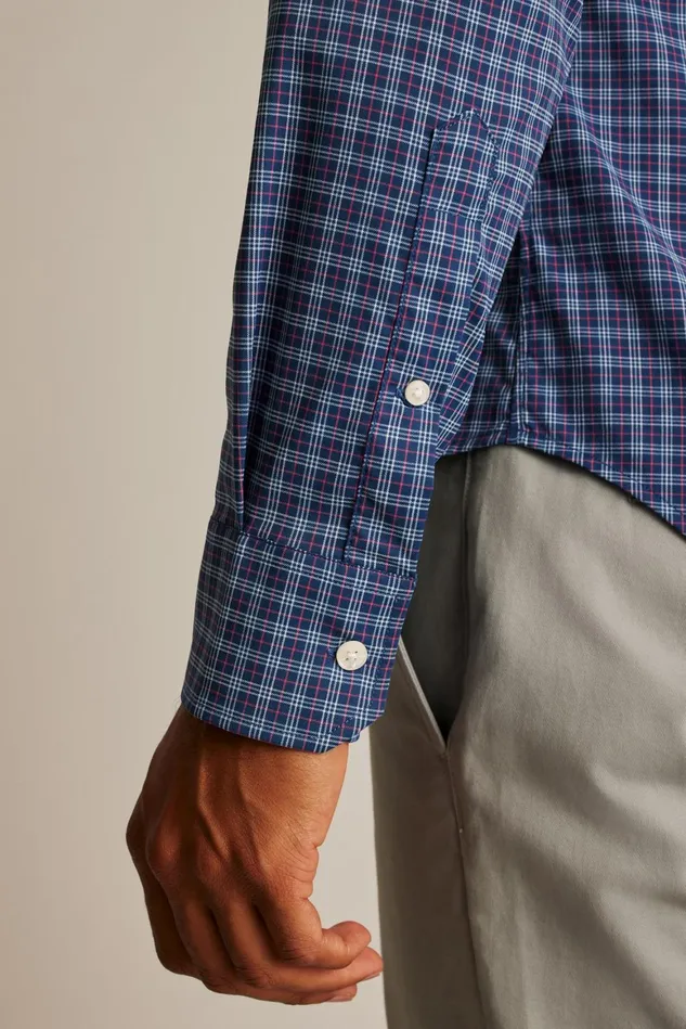 Men Tech Button Down Shirt Navy Greenland Plaid Bonobos Casual Shirts