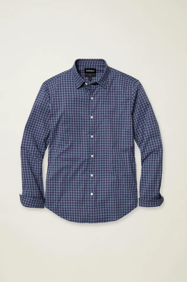 Men Tech Button Down Shirt Navy Greenland Plaid Bonobos Casual Shirts