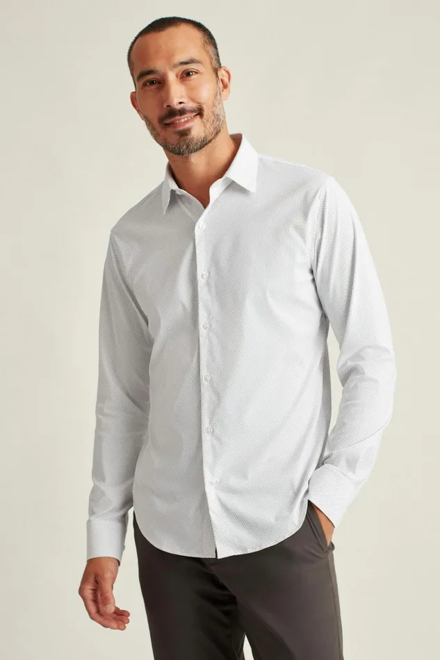 Men Tech Button Down Shirt White Blue Fine Dot Bonobos Casual Shirts