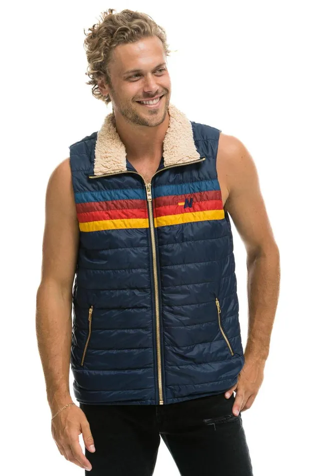 Men Vests Aviator Nation 4 Stripe Vest Sherpa 8211 Navy