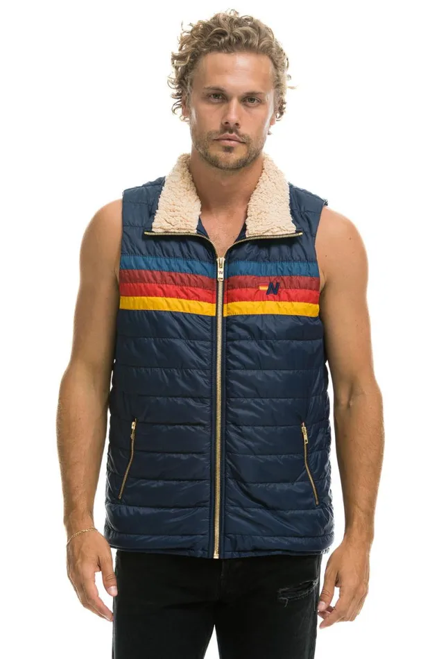Men Vests Aviator Nation 4 Stripe Vest Sherpa 8211 Navy