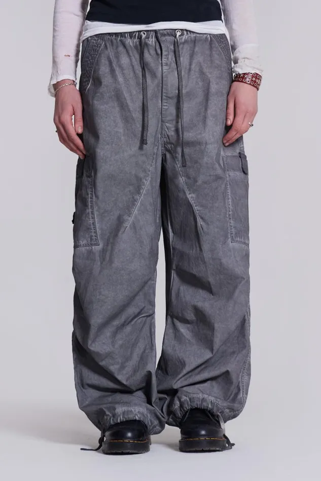 Men Washed Black Oil Parachute Cargo Pants Jaded London Parachute Pants