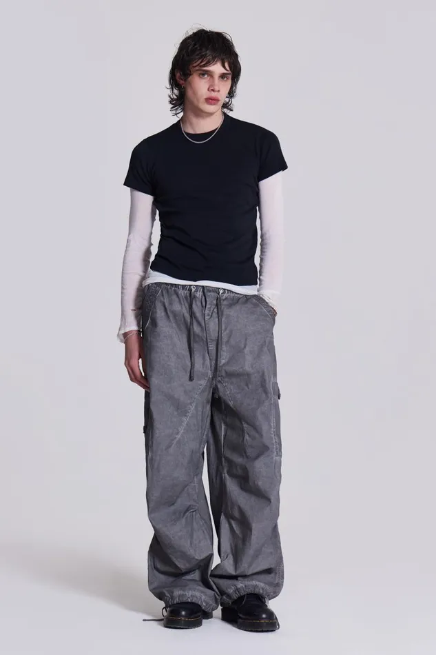 Men Washed Black Oil Parachute Cargo Pants Jaded London Parachute Pants