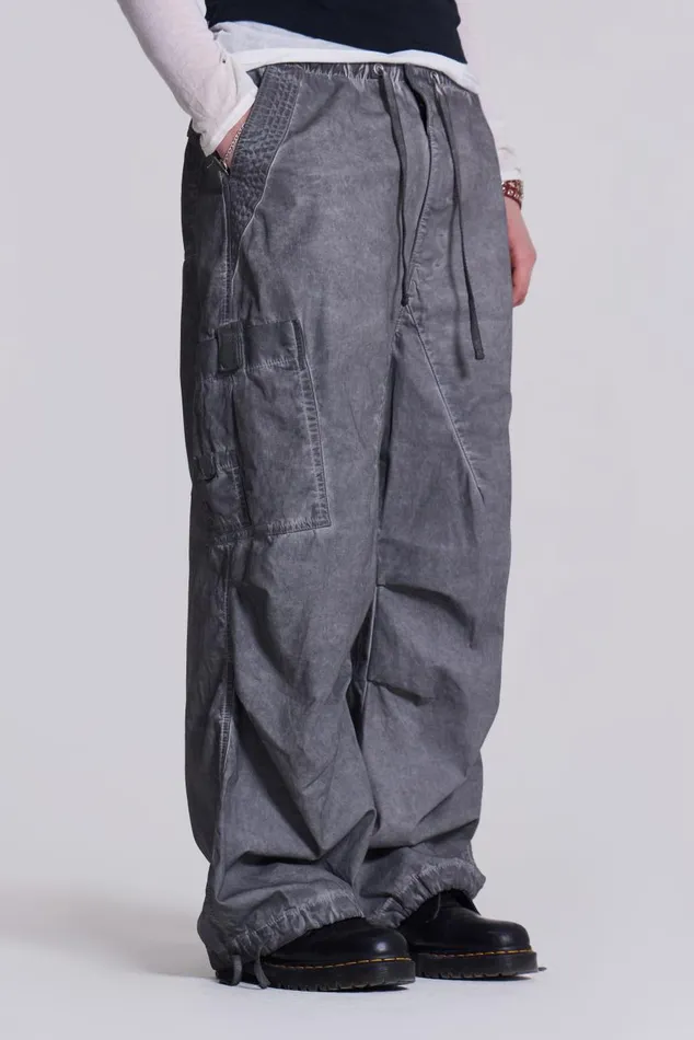 Men Washed Black Oil Parachute Cargo Pants Jaded London Parachute Pants