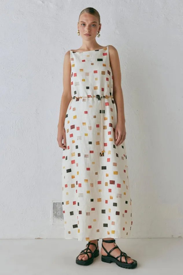 MidiMaxi Dresses Women VRG GRL Elma Linen Midi Dress Tile