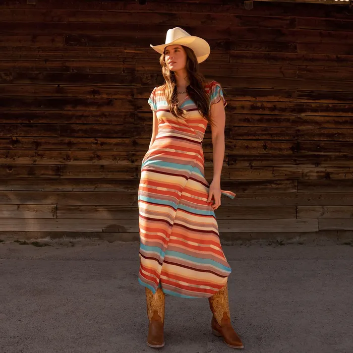 Midi Women Stetson Sunset Serape Print Rayon Herringbone Wrap Front Dress Multi