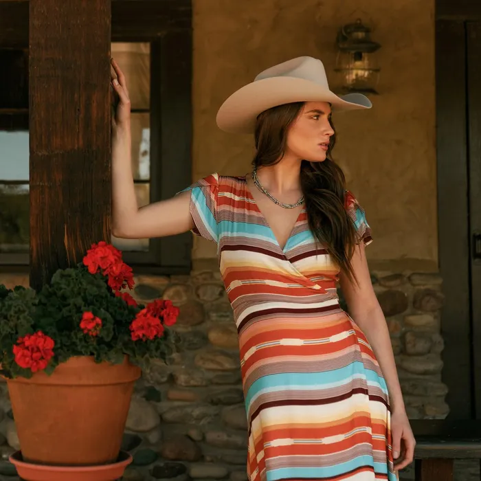 Midi Women Stetson Sunset Serape Print Rayon Herringbone Wrap Front Dress Multi