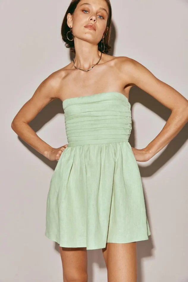 Mini Dresses Women VRG GRL Saint Malo Linen Mini Dress Sage