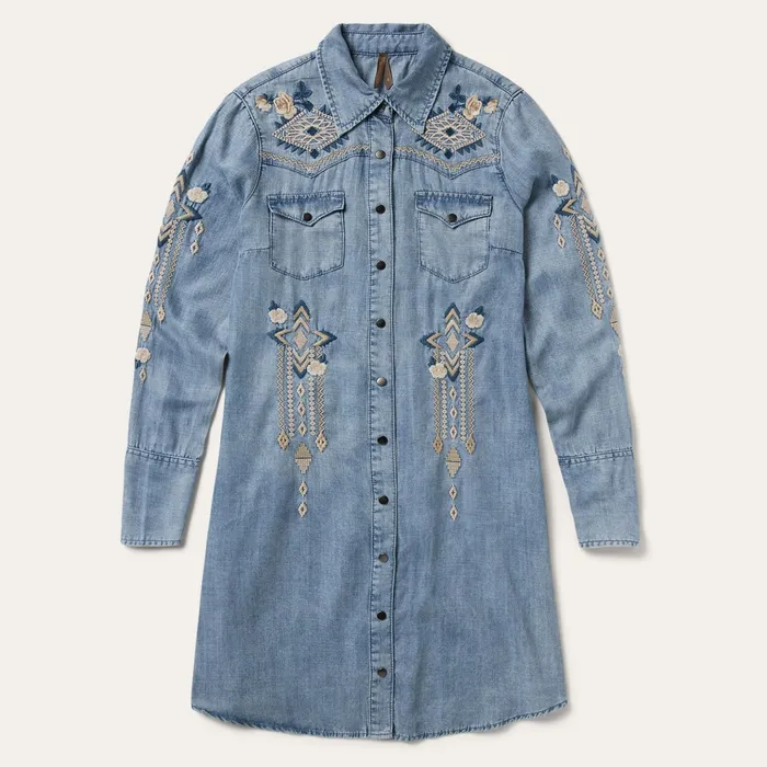 Mini Women Stetson Embroidered Denim Twill Shirt Dress Blue
