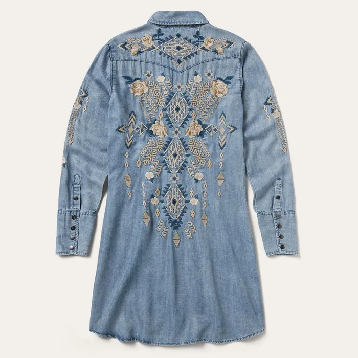 Mini Women Stetson Embroidered Denim Twill Shirt Dress Blue