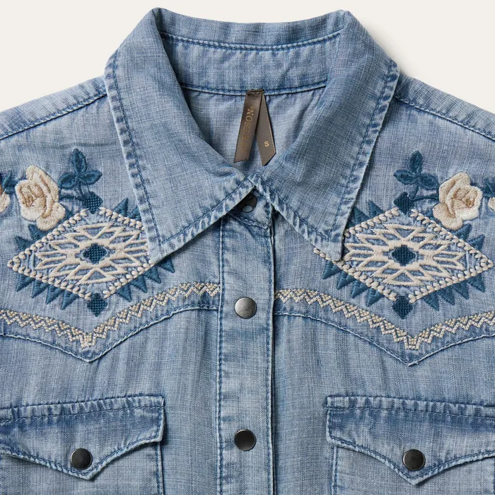 Mini Women Stetson Embroidered Denim Twill Shirt Dress Blue