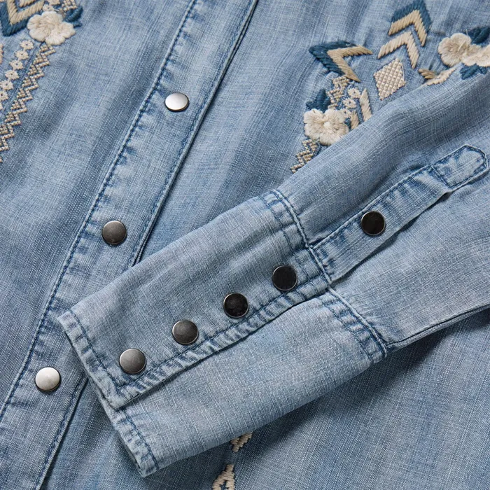Mini Women Stetson Embroidered Denim Twill Shirt Dress Blue