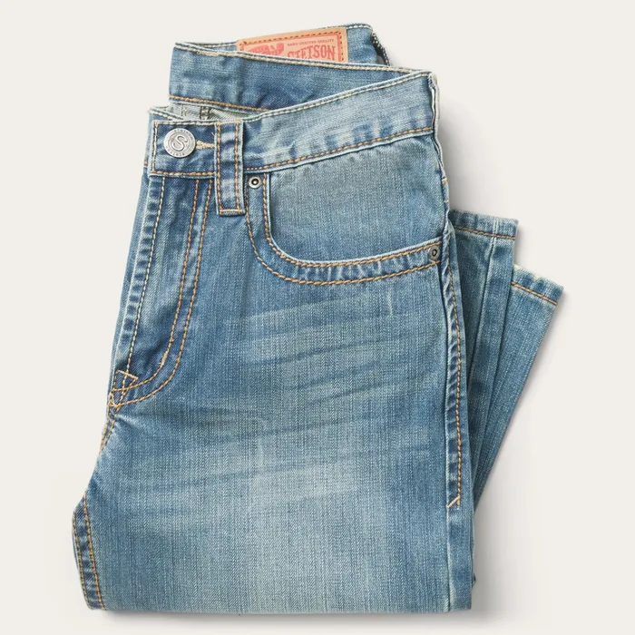 Modern Cut Men Stetson 1520 Fit Light Wash Jeans With Tacking Blue
