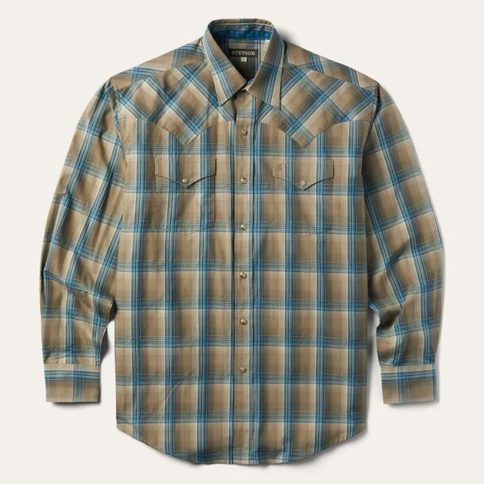 Modern Cut Men Stetson Khaki Ombre Plaid Shirt Khaki Ombre Plaid Shirt