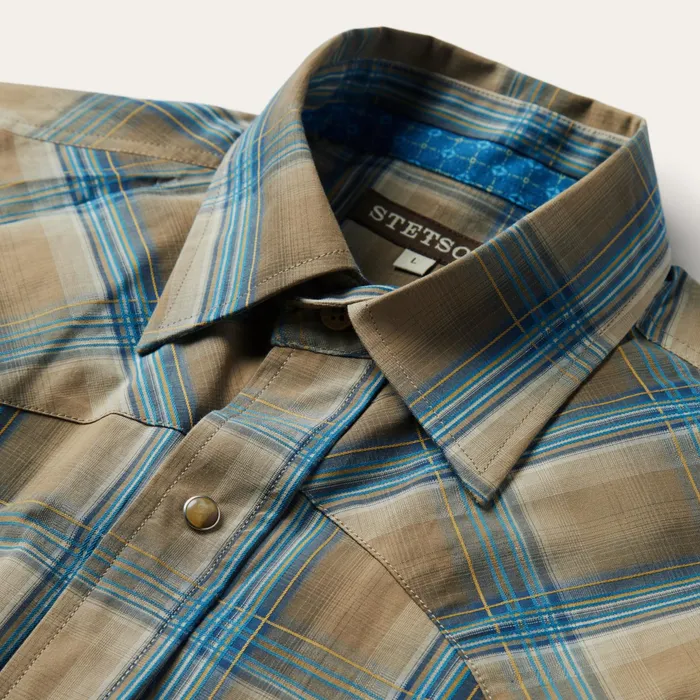 Modern Cut Men Stetson Khaki Ombre Plaid Shirt Khaki Ombre Plaid Shirt