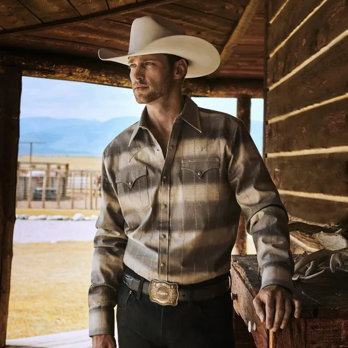 Modern Cut Men Stetson Serape Dobby Twill Western Shirt Brown