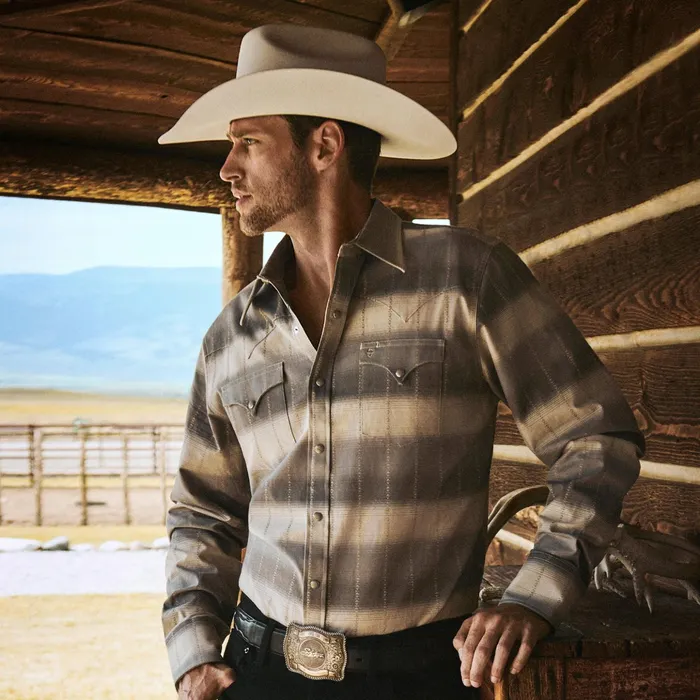 Modern Cut Men Stetson Serape Dobby Twill Western Shirt Brown