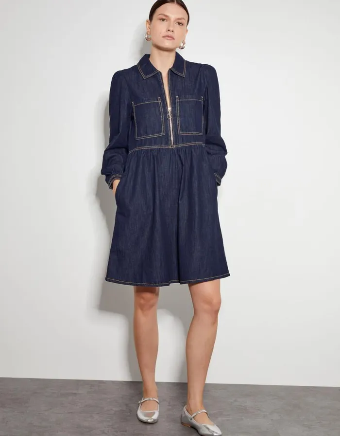 Monsoon Adeena Denim Mini Shirt Dress Blue Women Casualwear
