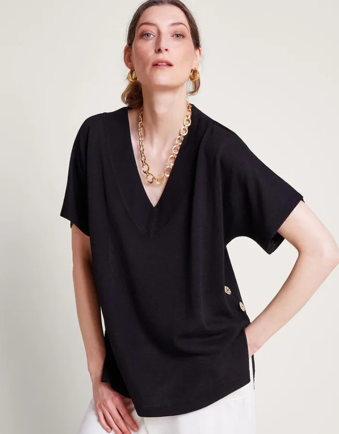Monsoon Bel Button Knit Top Black Women Knitwear