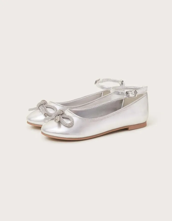 Monsoon BowEmbellished Ballet Flats Silver Children Partywear